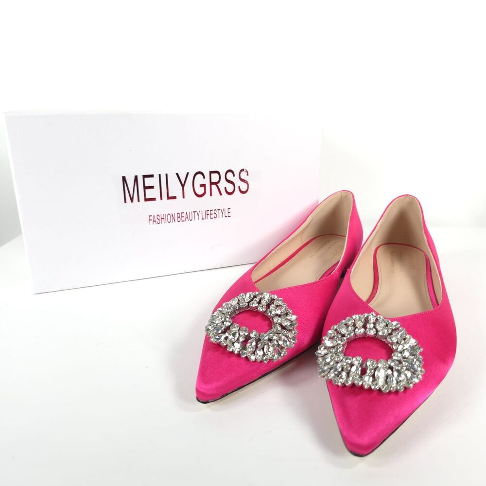 MEILYGRSS NIB High Quality HANDMADE Satin Fuchsia Pink Embellished Flats Size 10
